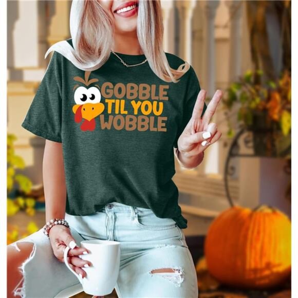 Funny Turkey "Gobble" Graphic Short Sleeve Tee | Thanksgiving Holiday Shirt - Picture 6 of 7